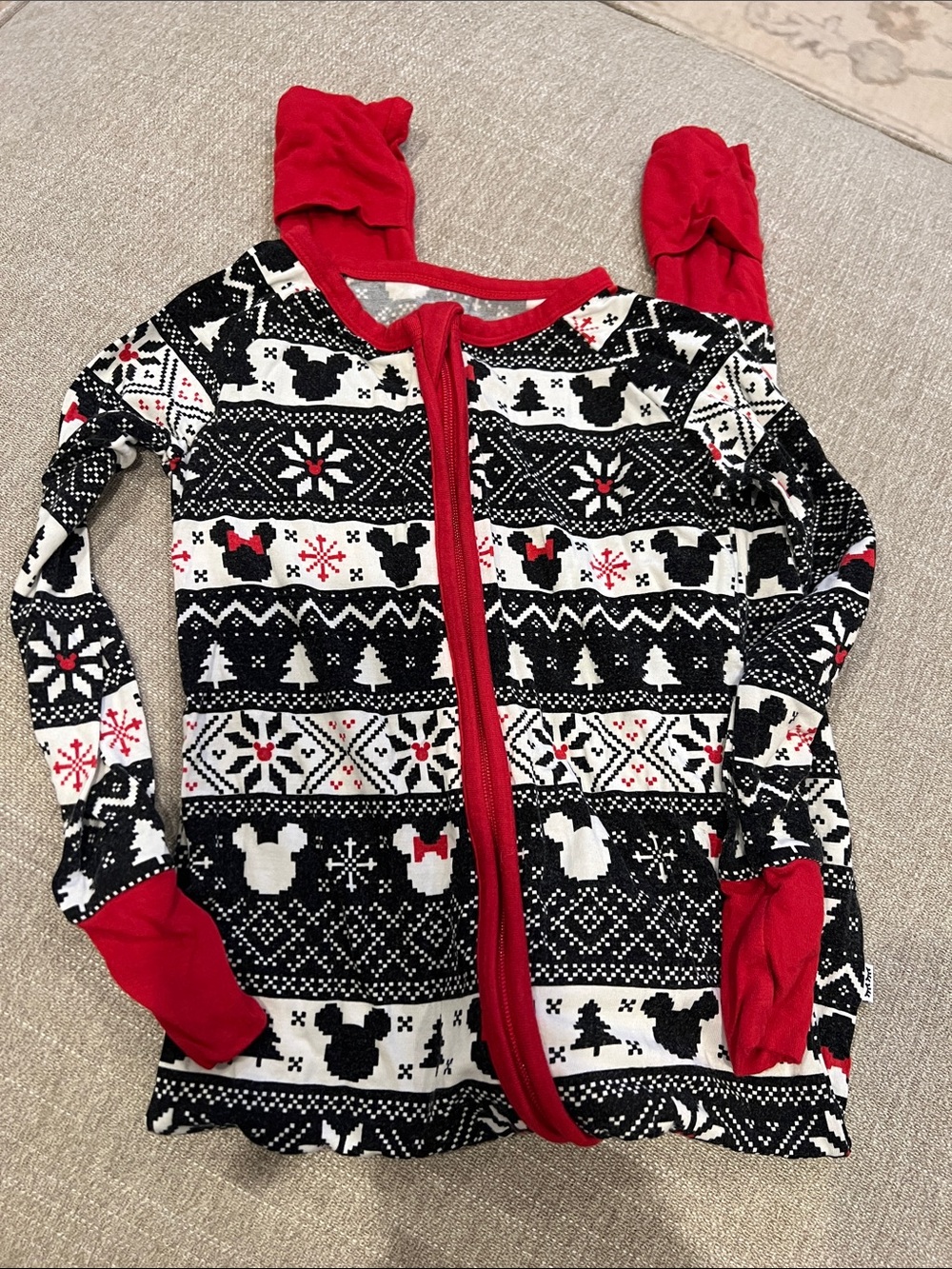Little Sleepies Black & White Mickey Holiday Zip-Up Pajama Top with Red Trim